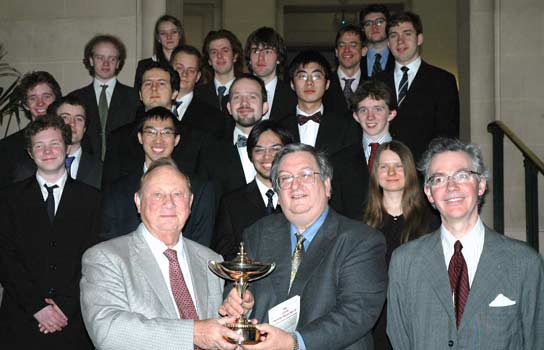 The teams and guests before the start: host Henry Mutkin and GM Ray Keene hold the Margaret Pugh Trophy,